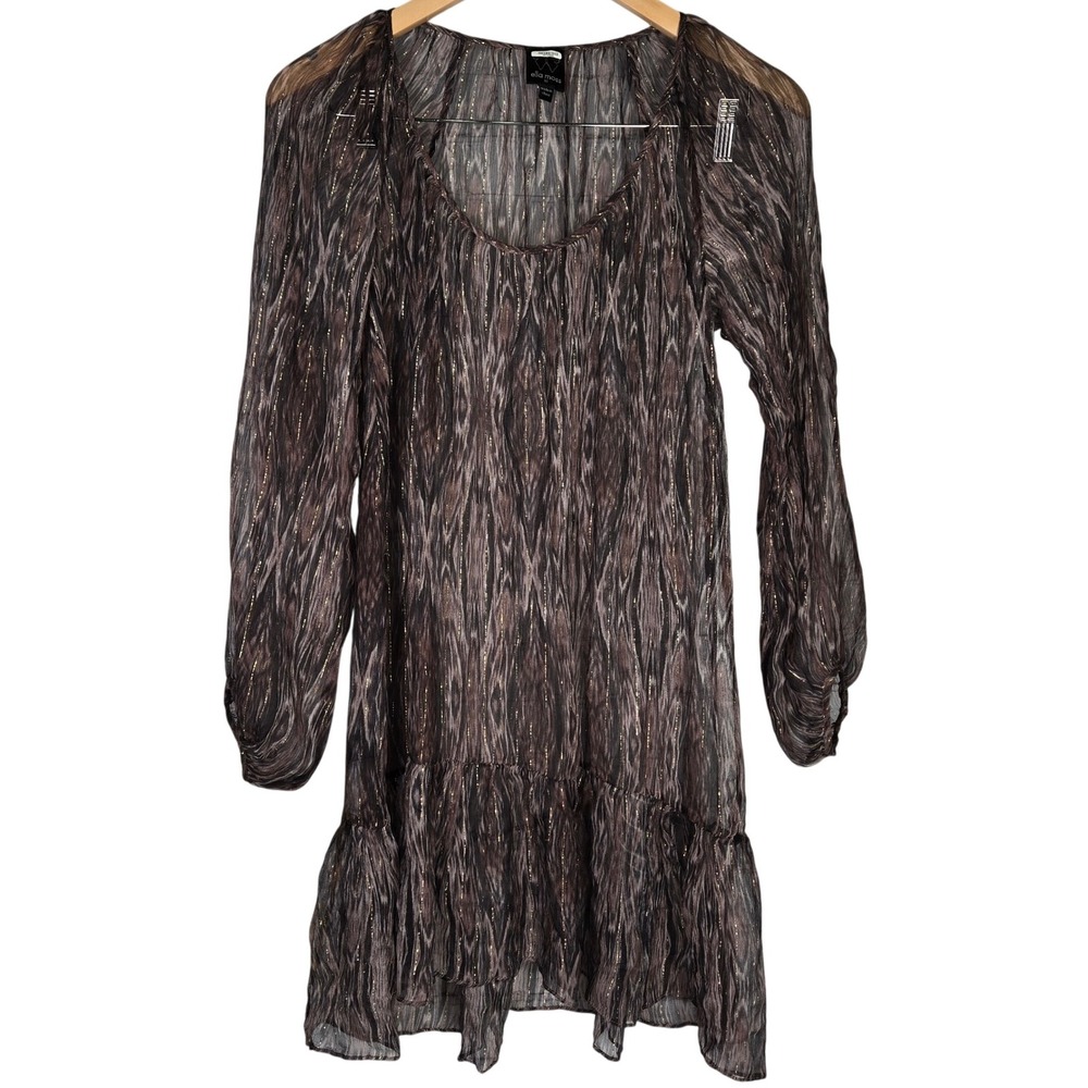 Ella Moss XS Long Sleeve Mini Dress Purple Gold Metallic Sheer Tiered